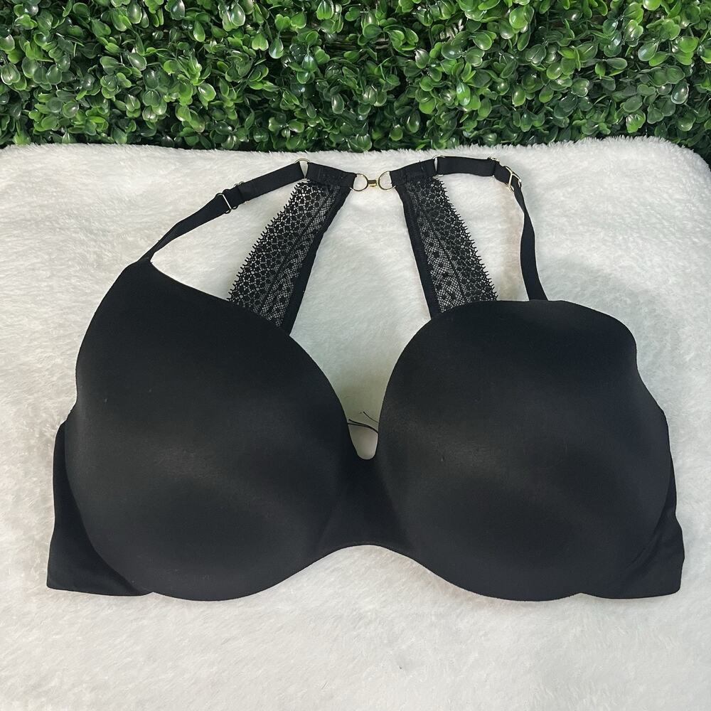 Victoria's Secret 34DD Incredible Bra Black Underwire Lace Back Gold Racerback